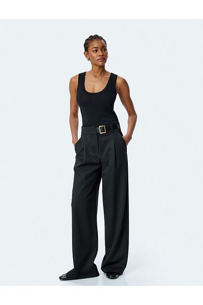 Koton Wide Leg Fabric Trousers with Side Pockets and Belt Detail