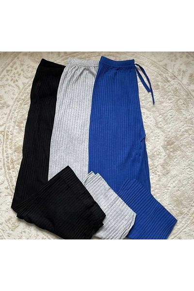 Asel Women's 3-Piece Pajamas Set - Black, Sax Blue, Gray Ribbed Report Pants & Sweatpants Casual Homewear