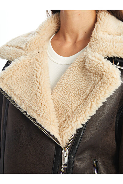 LC Waikiki Kahverengi Biker Yaka Düz Oversize Kadın Deri Görünümlü Mont