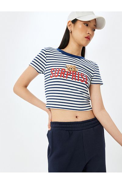 Koton Tricou cu mânecă scurtă, slim fit, cu gât roșu, albastru bleumarin, pentru femei 5sal10120ık