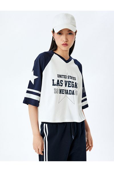 Koton College Printed V-Neck Half Sleeve Ribbed Oversize T-Shirt