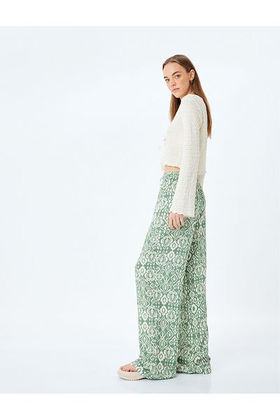 Koton Laced Waist Patterned Viscose Wide Leg Trousers