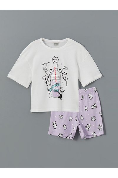 LC Waikiki Crew Neck Printed Girl's Pajama Set with Shorts