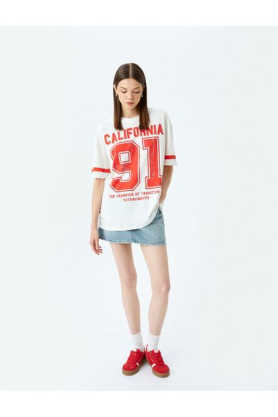 Koton Oversize College Printed Trim Half Sleeve Crew Neck T-Shirt
