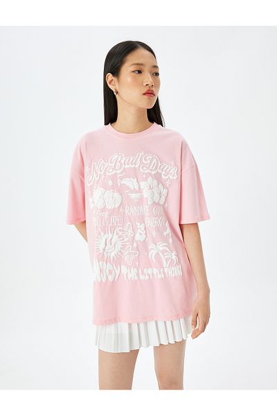 Koton Slogan Printed Oversize Ροζ Γυναικείο T-shirt 5sal10074ık