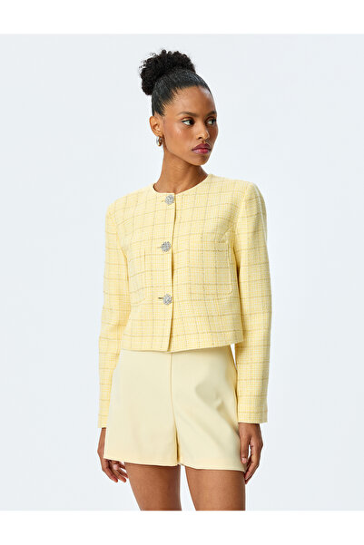 Koton Stone Detailed Crew Neck Slim Fit Plaid Tweed Jacket