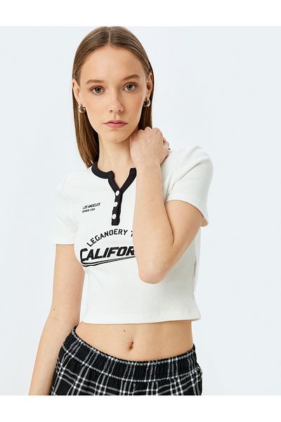 Koton Slogan Printed Slim Fit Button Trim Crop T-Shirt