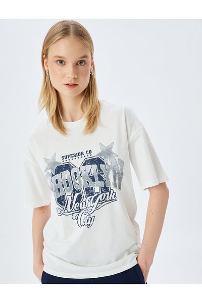 Koton Tricou de damă ecru cu imprimeu colegiu 5sal10038ık
