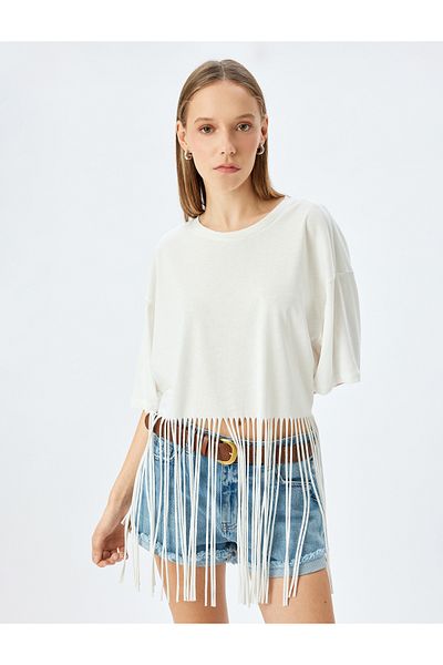 Koton Crop Short Sleeve Crew Neck Tassel Oversize T-Shirt