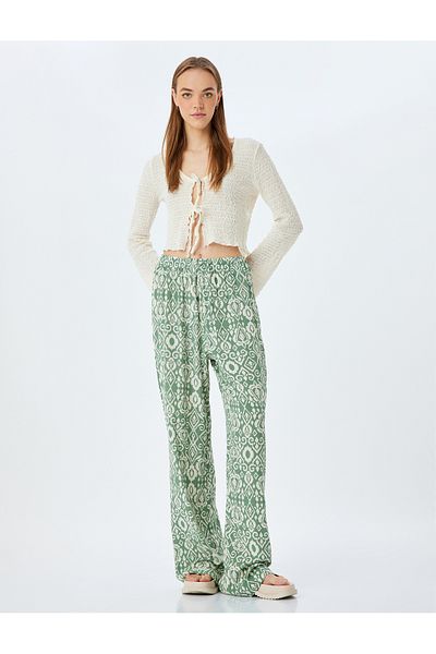 Koton Laced Waist Patterned Viscose Wide Leg Trousers