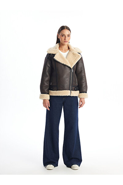 LC Waikiki Kahverengi Biker Yaka Düz Oversize Kadın Deri Görünümlü Mont