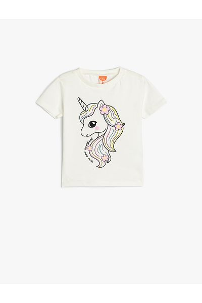 Koton Long Sleeve Cotton T-Shirt - Unicorn Print, Crew Neck