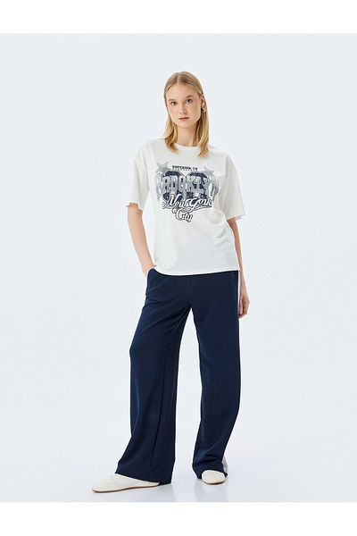 Koton Tricou de damă ecru cu imprimeu colegiu 5sal10038ık