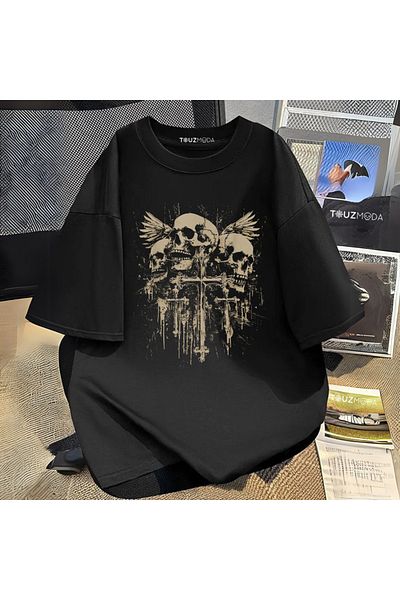 Touz Moda Unisex oversize tričko s gotickým potiskem Skull Cross