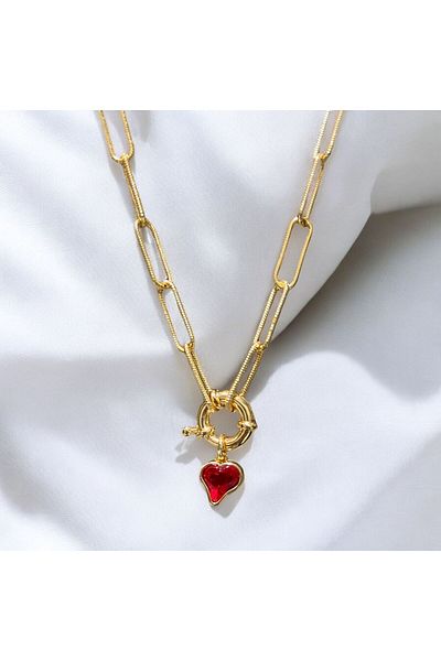 Store Red Heart Stone Design Paperclip Necklace