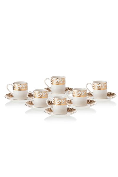 Dania 12 Piece Turkish Coffee Set Pure White Porcelain With Golden Engraving