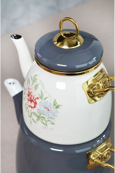 Bayev Clodia Gray Floral Patterned Retro Teapot - Enamel 201340