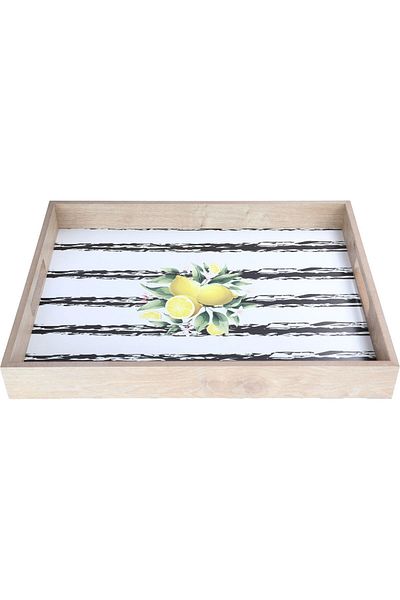 Alsaif Gallery Wooden Serving Tray Al Seif Gallery, 42 cm, Rectangular, Lemon Engraving, Handle - White