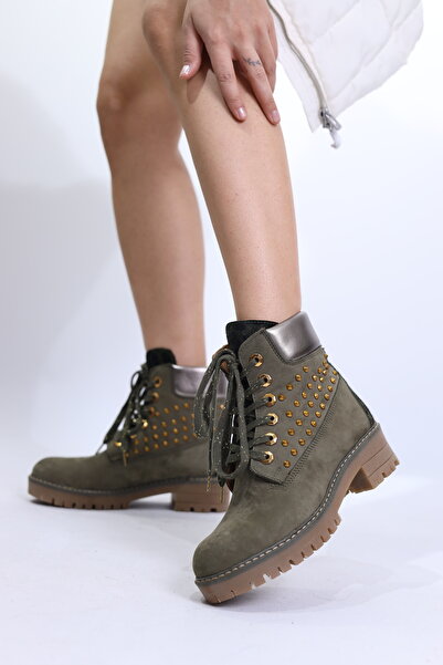 ELİT SHOES Invia Doğal Deri Materyal Kauçuk Taban Haki Kadın Bot I017