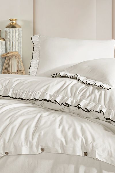 Macas Home Lotis 100% Cotton Ornamental Overlock Stitched Frilly Washed Single Duvet Cover Set 160*220