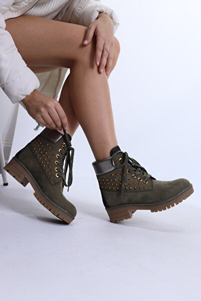 ELİT SHOES Invia Doğal Deri Materyal Kauçuk Taban Haki Kadın Bot I017