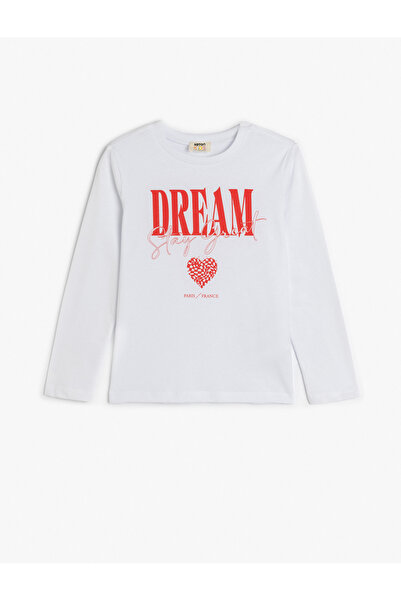 Koton Βαμβακερό μακρυμάνικο μπλουζάκι με στάμπα με λαιμόκοψη