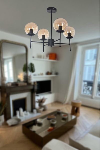 Modavize Axel Modern Design Living Room Dining Bedroom Kitchen Black Color Honey Glass Pendant Lamp 4-Piece Chandelier