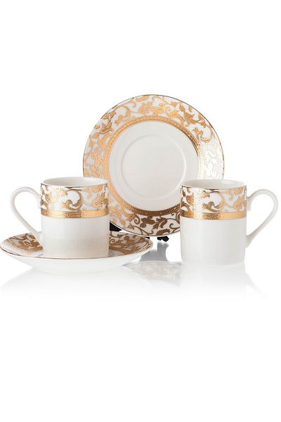Dania 12 Piece Turkish Coffee Set Pure White Porcelain With Golden Engraving