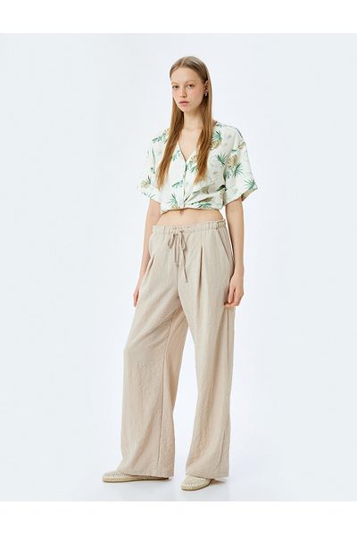 Koton Straight Leg Pleated Trousers with Lace-Up Waist Pockets