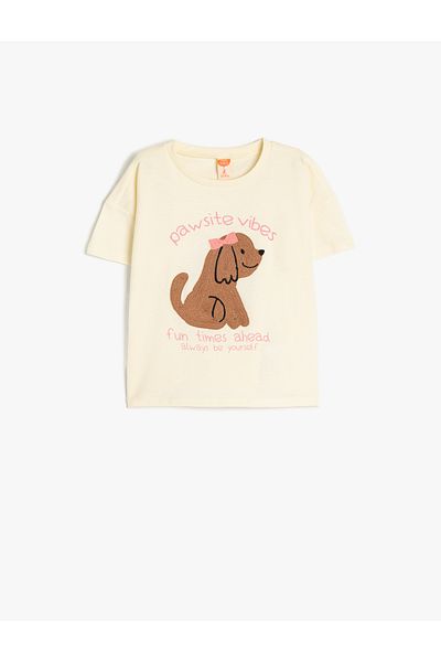 Koton Dog Embroidery Detail Crew Neck Short Sleeve Cotton T-Shirt