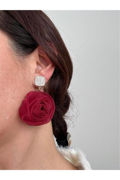 Pelin Aksesuar Burgundy Organza Rose Stone Earrings