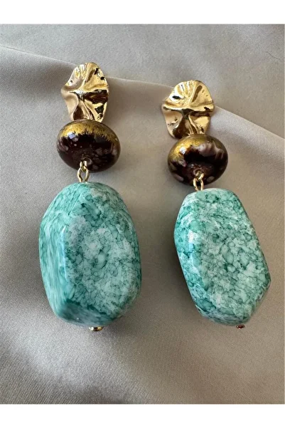Pelin Aksesuar Blue Brown Beaded Design Earrings