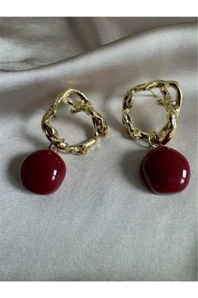 Pelin Aksesuar Burgundy Beaded Gold Circle Earrings