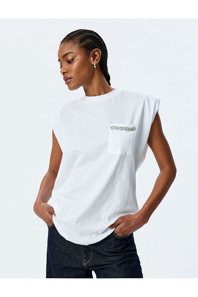 Koton Cotton Short Sleeve Basic Padded T-Shirt with Rhinestone Pocket Detail