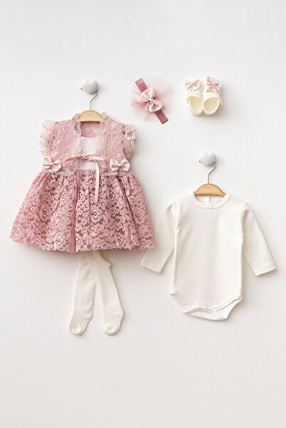 Petite Ponpon Baby Yeni Model Kız Bebek0-6Ay Yenidoğan Elbise 6'Lı Mevlütlük Set Bolerolu Fransız Dantelli Elbise mt334