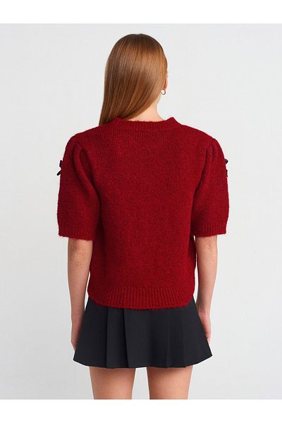 Dilvin 10673 Pulover tricotat cu mânecă scurtă cu fundă cu gât și fundă - Burgundy