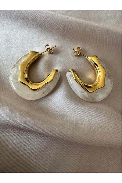 Pelin Aksesuar White Misted Stone Steel Hoop Earrings