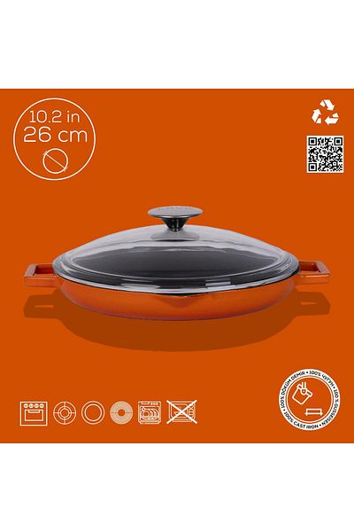 Lava Cast Round Frying Pan with Glass Lid Cast Iron Solid Double Handle Diameter(Ø)26cm