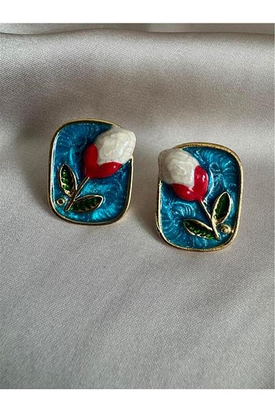 Pelin Aksesuar Navy Blue Tulip Figured Frame Earrings