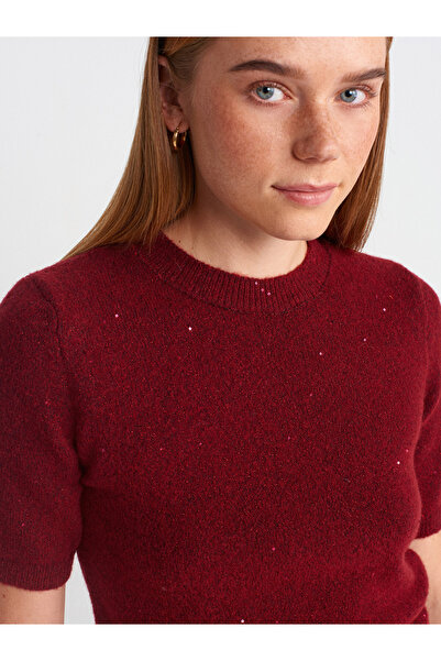 Dilvin 10703 Bisiklet Yaka Pullu Simli Triko Kazak-Bordo