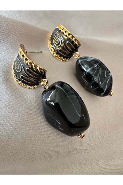 Pelin Aksesuar Siyah Boncuklu Etnik Desenli Küpe