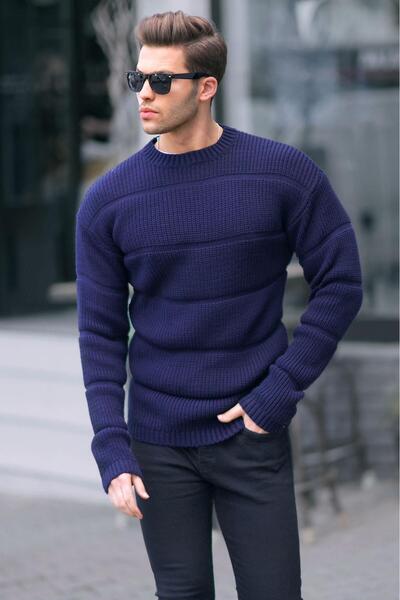 Madmext Navy Blue Crew Neck Knitted Sweater 6855