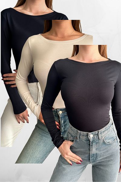 macharel jeans Боди с дълъг ръкав и деколте тип лодка от 3 части в черно-бяло-тъмносиньо
