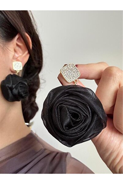 Pelin Aksesuar Siyah Organze Gül Taşlı Küpe