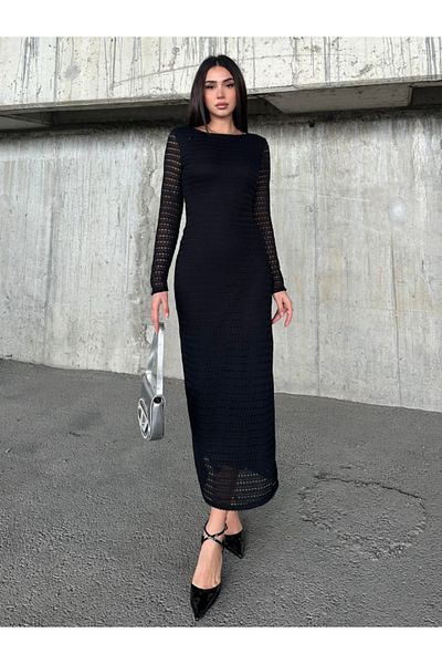 Fav Style Μαύρο Μακρύ Φόρεμα - Επένδυση με Απογυμνωμένη Πλάτη και Λεπτομέρεια Guipure