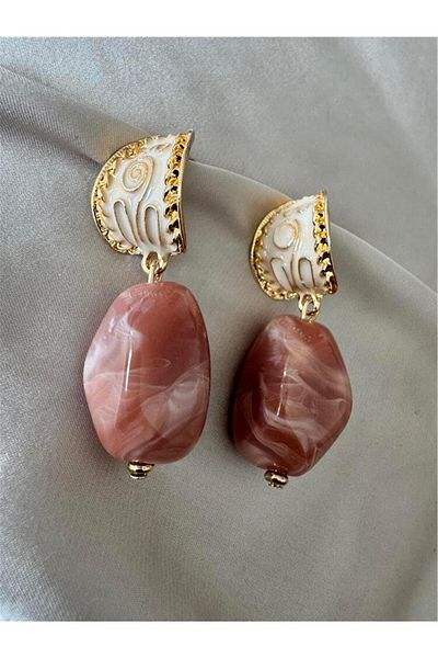 Pelin Aksesuar Pink Cream Beaded Ethnic Patterned Earrings