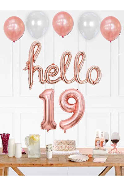 parti pera Hello Folyo Balon Seti 19 Yaş Rakam Folyo Balon Rose Gold Doğum Gü...