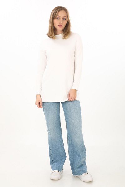 penyebizden Viscose Cream Colored Stand Collar Tunic