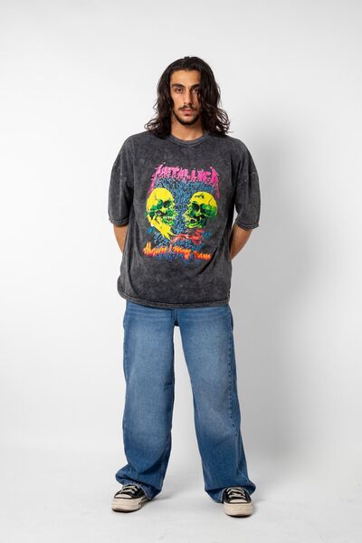 Sekizbiraltı Metallica Skull Printed Unisex Oversize Μαύρο T-Shirt - 24/1 Washed