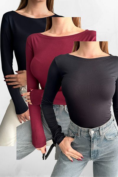 macharel jeans Μαύρο-Βουργουνδία-Μπλε Navy 3 τεμαχίων Boat Neck Basic μακρυμάνικο σώμα